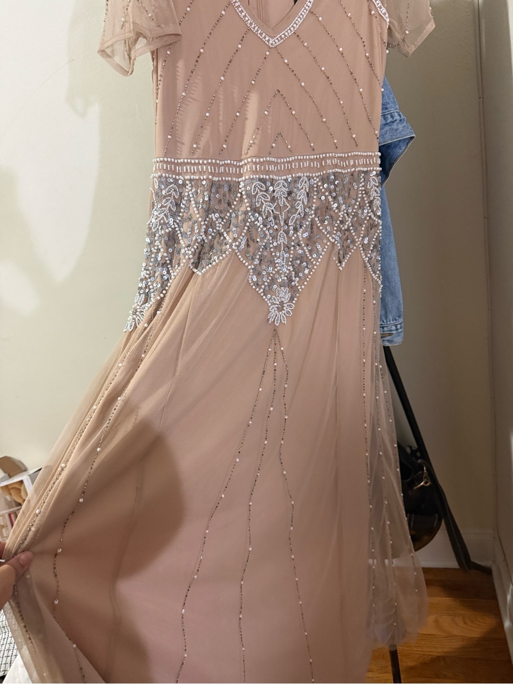 Boohoo Nude Beaded V-Neck Evening Dress